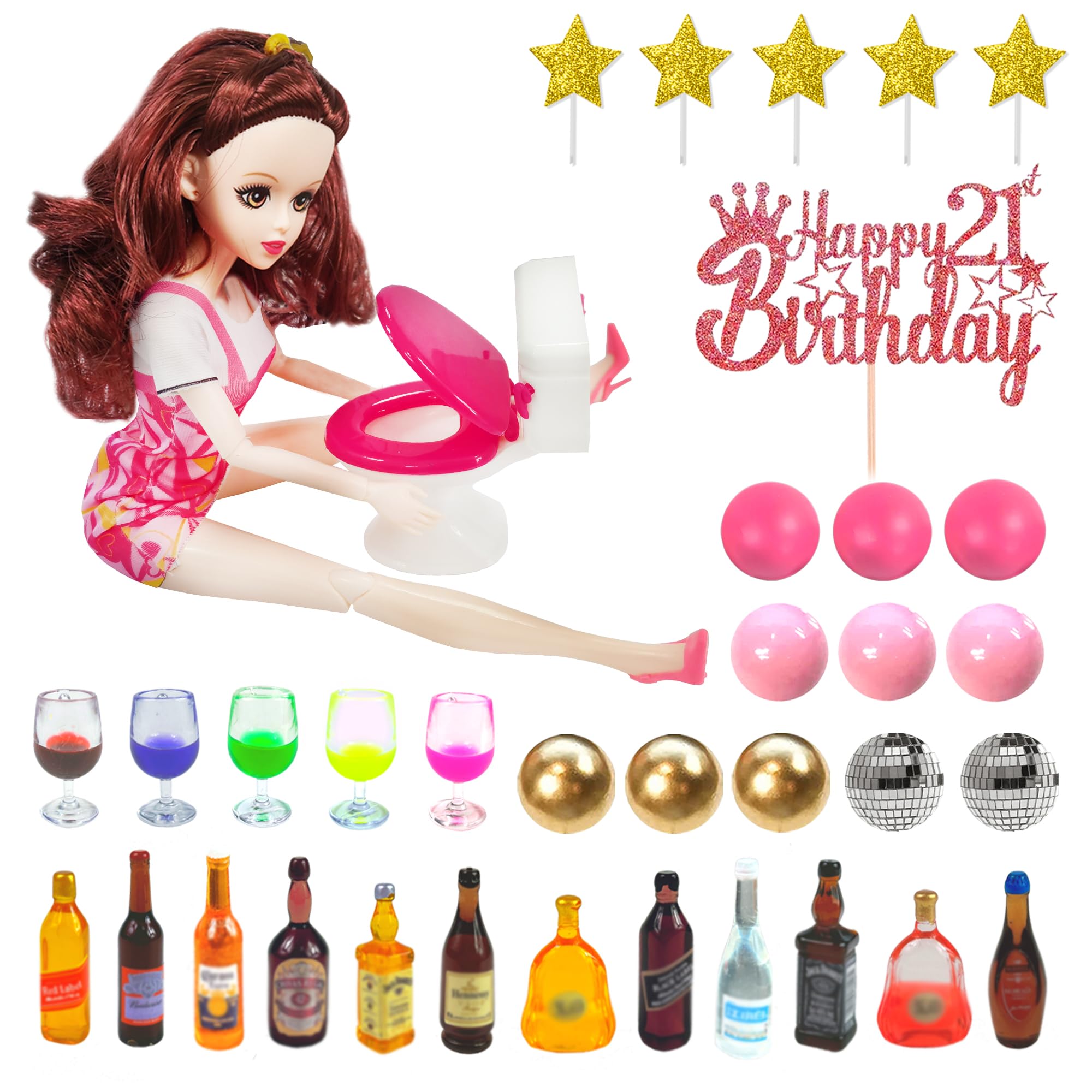 Mini Wine Bottles Cake Toppers With 12 Mini Wine Bottles 5 Mini Wine Glasses 1 Toilet Toy 1 Beauty Doll 21st Birthday Cake Topper for Celebrating Birthday 21st Girl Party (Brown)