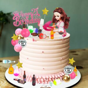 Mini Wine Bottles Cake Toppers With 12 Mini Wine Bottles 5 Mini Wine Glasses 1 Toilet Toy 1 Beauty Doll 21st Birthday Cake Topper for Celebrating Birthday 21st Girl Party (Brown)