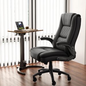 Claiks Big and Tall Office Leather Chair for Heavy People, Executive Office Chair with Heavy Duty Casters,High Back Office Chair Flip Arms Adjustable Built-in Lumbar Support