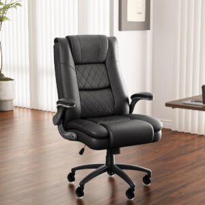 Claiks Big and Tall Office Leather Chair for Heavy People, Executive Office Chair with Heavy Duty Casters,High Back Office Chair Flip Arms Adjustable Built-in Lumbar Support