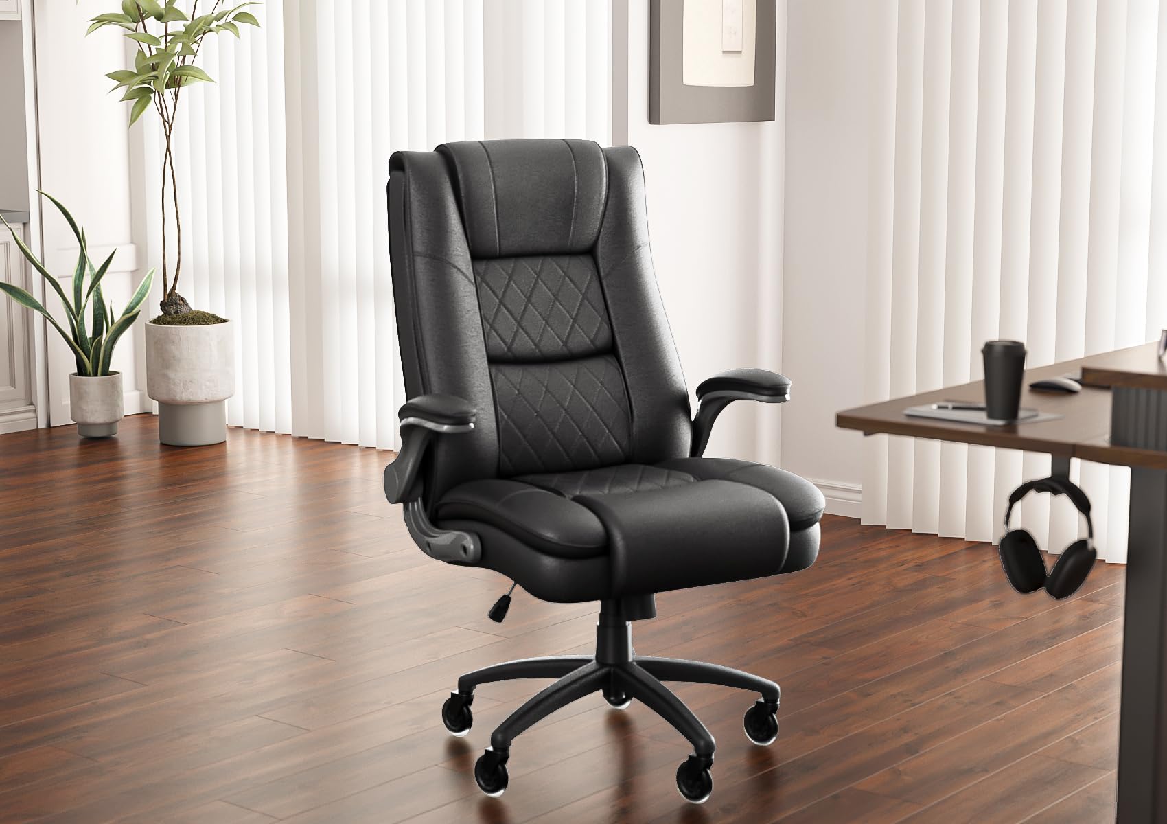 Claiks Big and Tall Office Leather Chair for Heavy People, Executive Office Chair with Heavy Duty Casters,High Back Office Chair Flip Arms Adjustable Built-in Lumbar Support