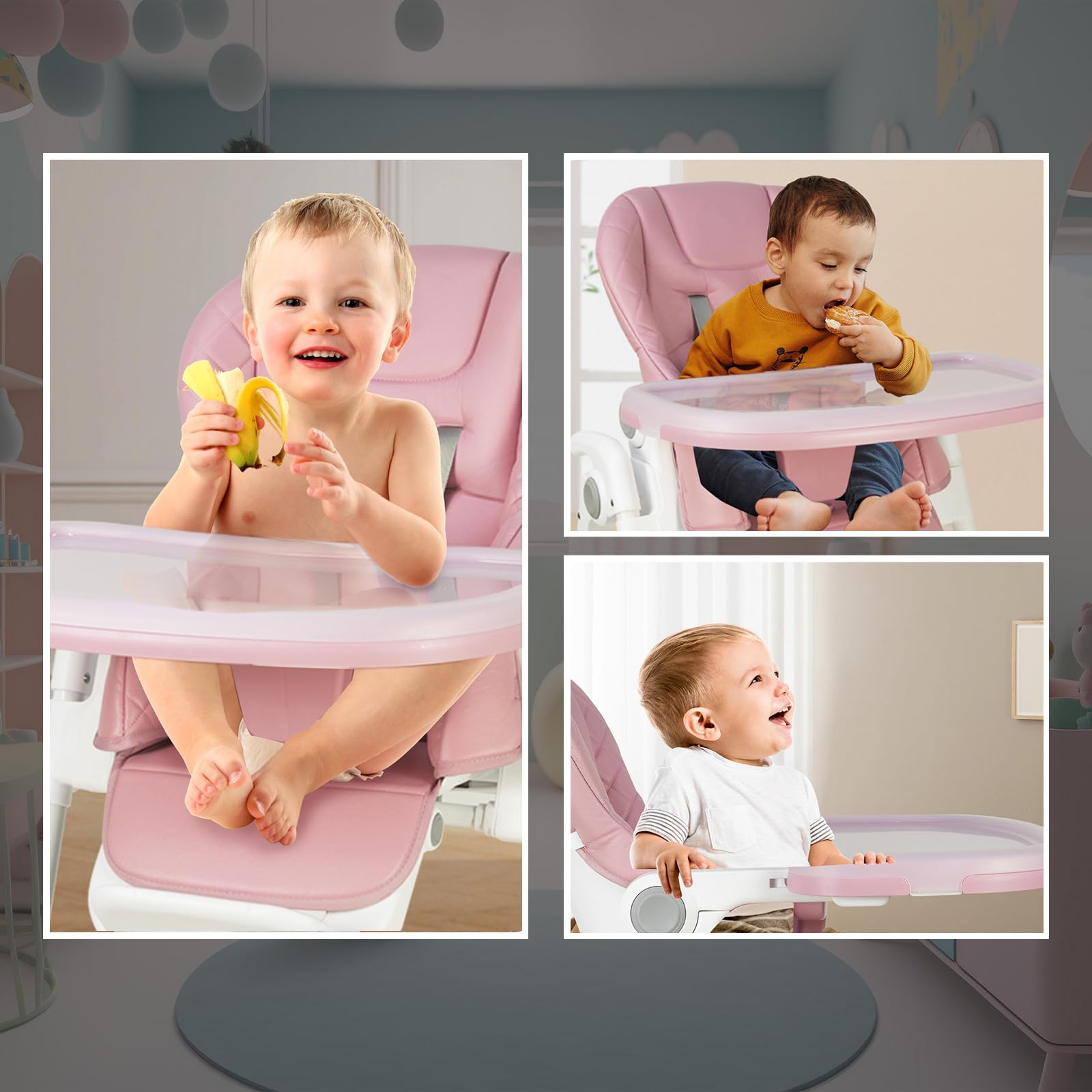 babimoni Baby High Chair, High Chairs for Babies and Toddlers, Adjustable, Foldable and Portable High Chair, Removable PU Leather and Tray for Easy Clean, Travel Feeding Chair, Pink