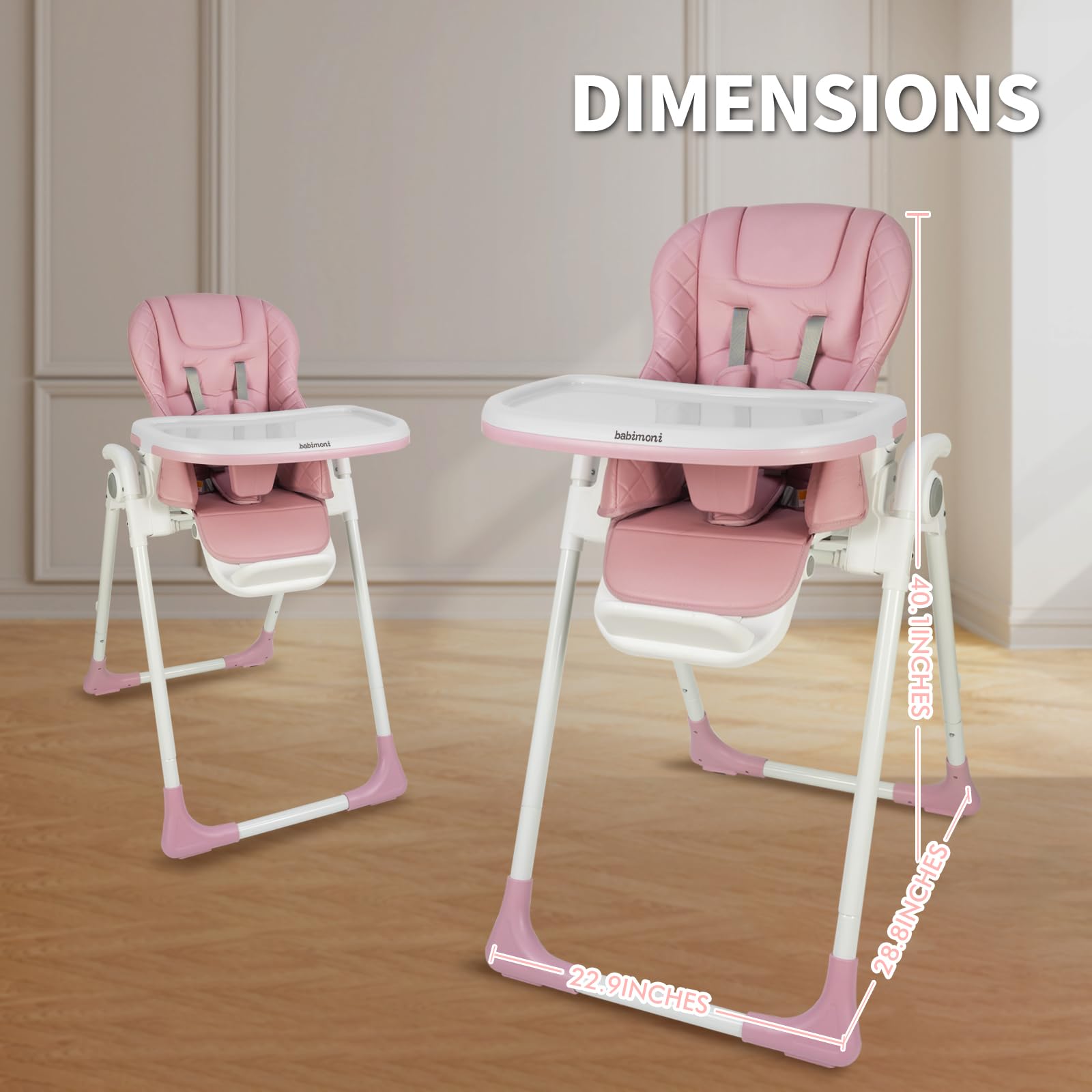babimoni Baby High Chair, High Chairs for Babies and Toddlers, Adjustable, Foldable and Portable High Chair, Removable PU Leather and Tray for Easy Clean, Travel Feeding Chair, Pink