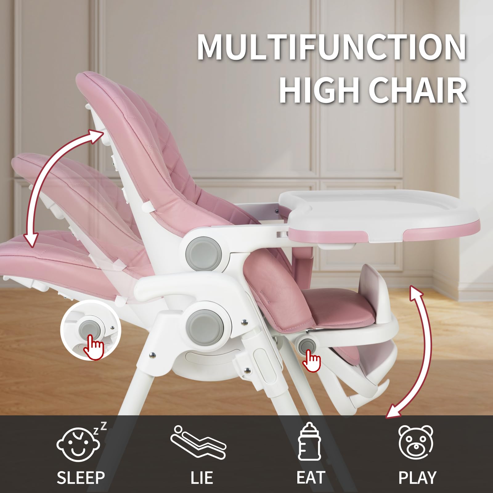 babimoni Baby High Chair, High Chairs for Babies and Toddlers, Adjustable, Foldable and Portable High Chair, Removable PU Leather and Tray for Easy Clean, Travel Feeding Chair, Pink