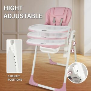 babimoni Baby High Chair, High Chairs for Babies and Toddlers, Adjustable, Foldable and Portable High Chair, Removable PU Leather and Tray for Easy Clean, Travel Feeding Chair, Pink