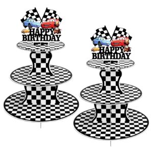 bacuthy 2 pack race car cupcake stands birthday party supplies, two fast cars decorations truck theme favors - 3 tier cardboard cup cake holder tower