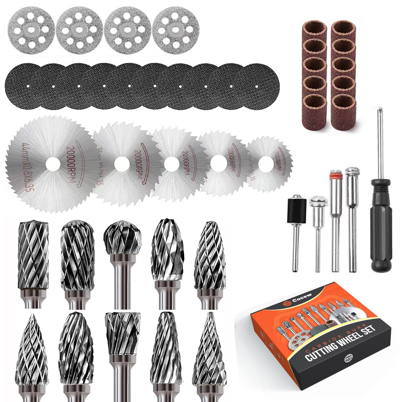 Cocew 49pcs Cutting Wheels Set for Dremel Rotary Tool,5pcs HSS Circular Saw Blades,10pcs Resin Cutting Discs,4pcs Diamond Cutting Wheels,10pcs Sanding Drum,10pcs Carbide Rotary Bur for DIY Carving