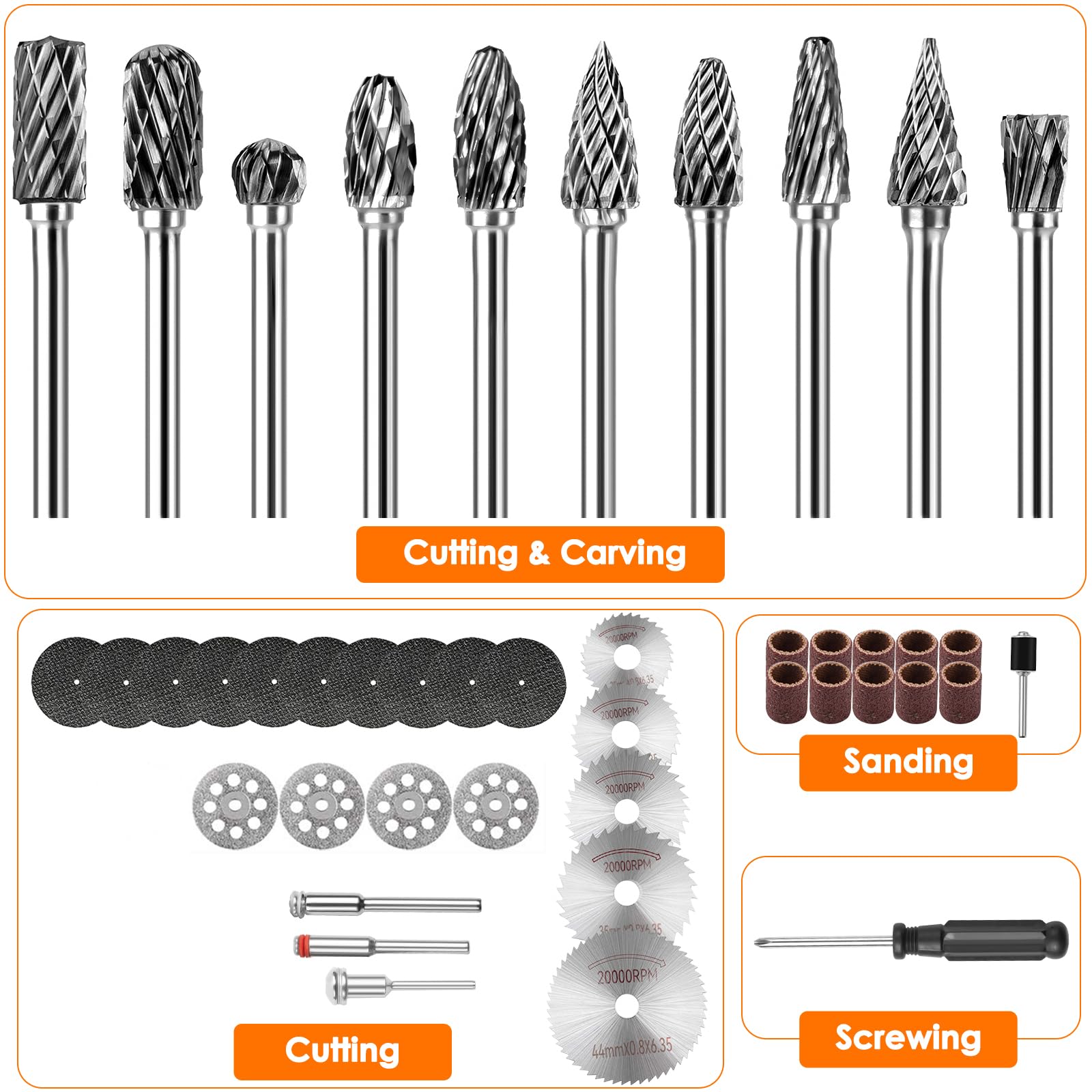 Cocew 49pcs Cutting Wheels Set for Dremel Rotary Tool,5pcs HSS Circular Saw Blades,10pcs Resin Cutting Discs,4pcs Diamond Cutting Wheels,10pcs Sanding Drum,10pcs Carbide Rotary Bur for DIY Carving