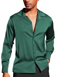 coofandy mens dress shirts long sleeve satin button down shirts shiny prom party shirts lake green
