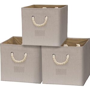 simple houseware 13" cube storage bin with braided rope handles, 3 pack, beige