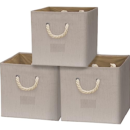 Simple Houseware 13" Cube Storage Bin With Braided Rope Handles, 3 Pack, Beige