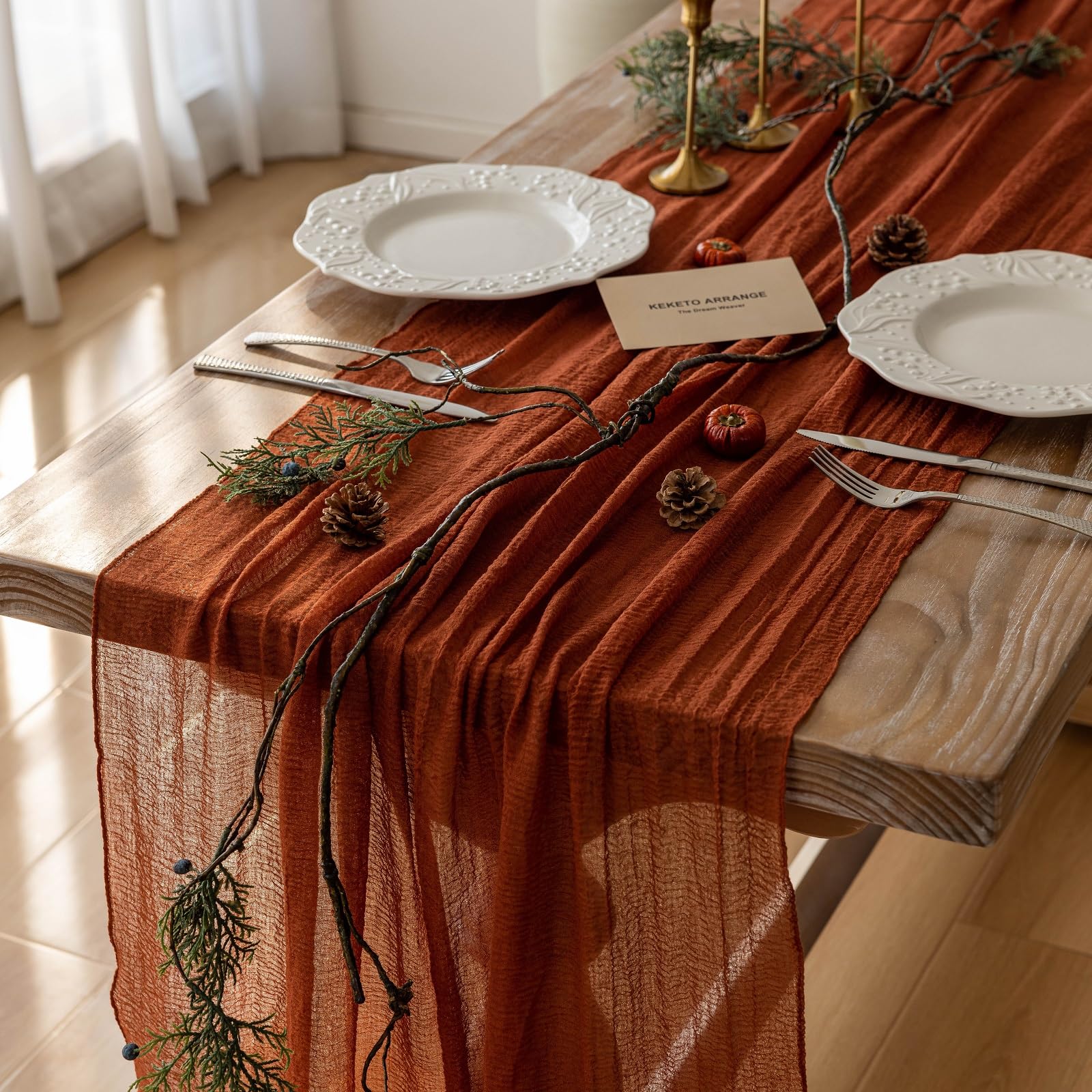 Keketo Cheesecloth Table Runner Terracotta Rust Gauze 120 Inch 10 FT Rustic Burnt Orange Cheese Cloth Table Runner for Wedding Baby Bridal Shower Party Boho Sheer Spring Centerpiece Home Decoration