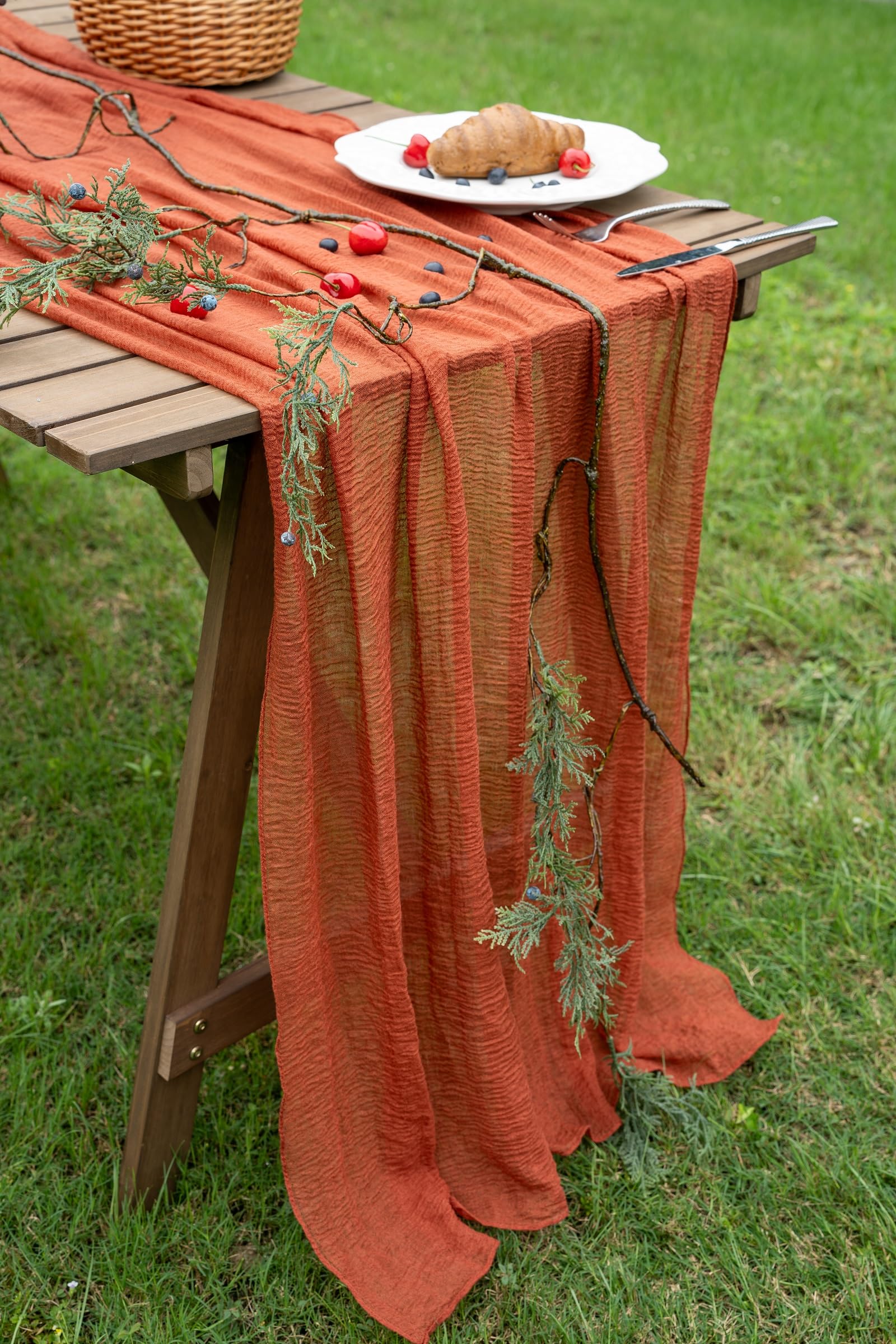 Keketo Cheesecloth Table Runner Terracotta Rust Gauze 120 Inch 10 FT Rustic Burnt Orange Cheese Cloth Table Runner for Wedding Baby Bridal Shower Party Boho Sheer Spring Centerpiece Home Decoration