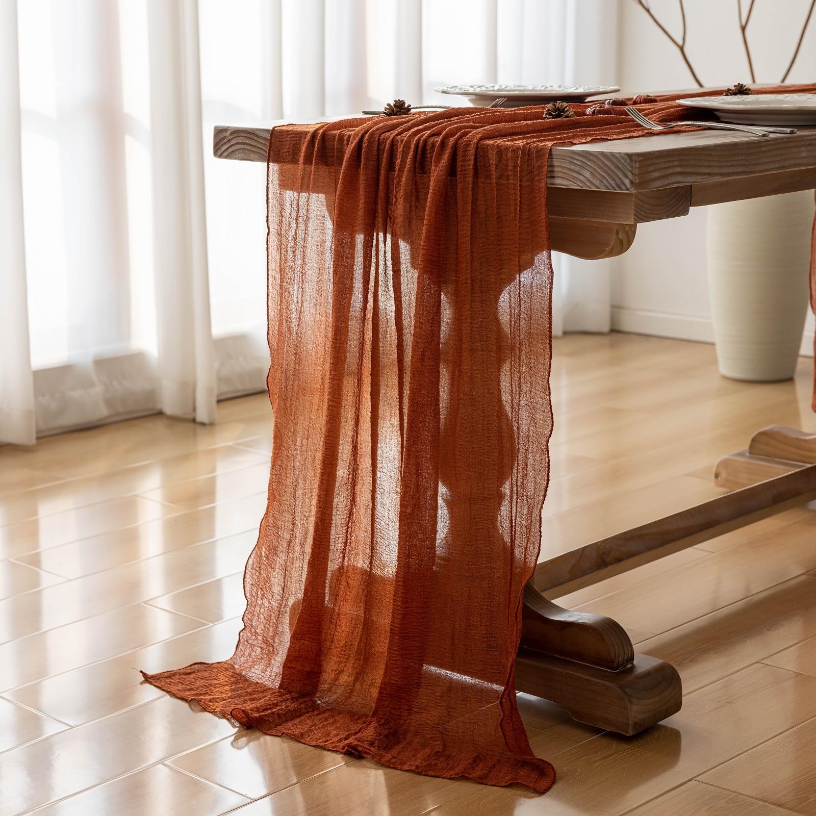 Keketo Cheesecloth Table Runner Terracotta Rust Gauze 120 Inch 10 FT Rustic Burnt Orange Cheese Cloth Table Runner for Wedding Baby Bridal Shower Party Boho Sheer Spring Centerpiece Home Decoration