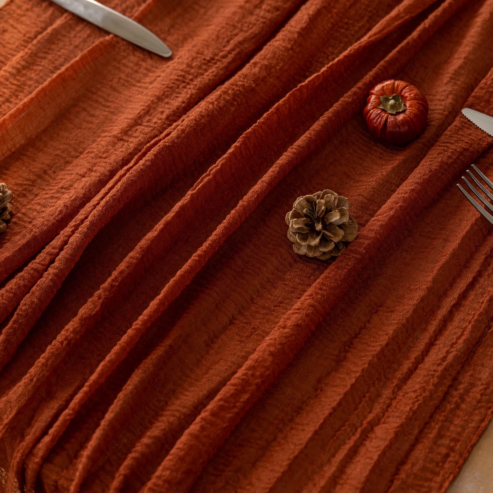 Keketo Cheesecloth Table Runner Terracotta Rust Gauze 120 Inch 10 FT Rustic Burnt Orange Cheese Cloth Table Runner for Wedding Baby Bridal Shower Party Boho Sheer Spring Centerpiece Home Decoration