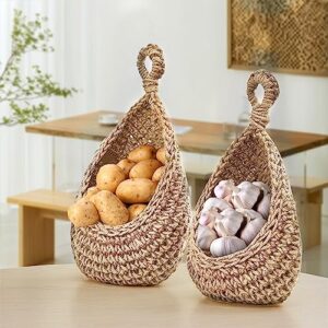 Suwarc Handwoven Boho Wall Hanging Basket for Fruit Vegetable Hanging Baskets Storage Organizer Decorative Hanging Wall Basket for Bathroom Kitchen Back of Door 3-Piece Set with Hook (Jute)