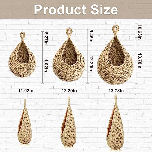 Suwarc Handwoven Boho Wall Hanging Basket for Fruit Vegetable Hanging Baskets Storage Organizer Decorative Hanging Wall Basket for Bathroom Kitchen Back of Door 3-Piece Set with Hook (Jute)