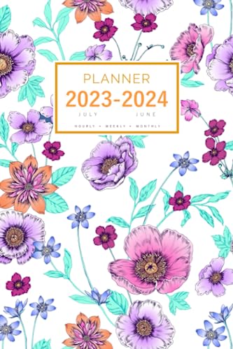 Planner July 2023-2024 June: 6x9 Medium Notebook Organizer with Hourly Time Slots | Beautiful Flower Garden Design White