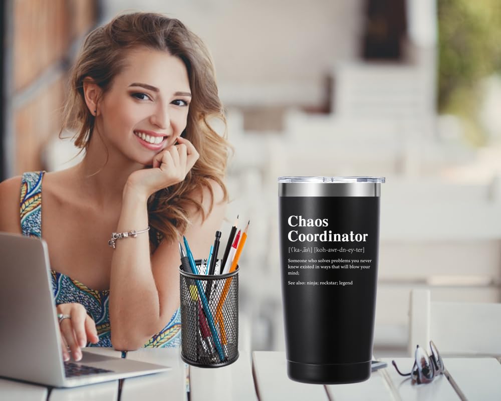 Merfefe Chaos Coordinator 20 oz Tumbler Gifts.Boss Lady Teacher Thank You Appreciation Gifts for Men Women.Unique Gift for Boss Coworker Manager Nurse.Office Christmas Birthday Gifts.(Black)