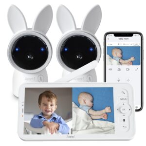 arenti split-screen video baby monitor, audio monitor with two 2k uhd wifi cameras,5" color 720p display,night vision,cry detection,motion detection,temp&humidity sensor,two way talk,app control