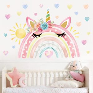 wondever watercolor large rainbow wall stickers unicorn rainbow hearts sun peel and stick wall art decals for girls bedroom baby nursery kids bedroom