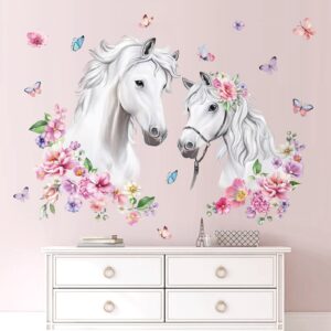 decalmile white horse flower wall decals farm animal floral butterfly wall stickers baby nursery bedroom living room wall decor