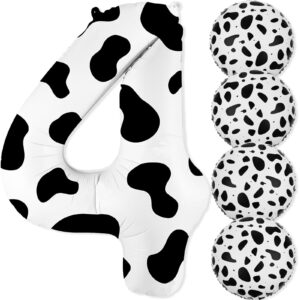 cow print number 4 balloons, 40 inch large number 4 balloon 18 inch cow foil balloons for 4th birthday cow theme party decorations for a girl boy kids baby shower farm animal cow party supplies