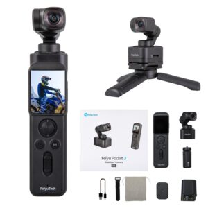 feiyutech pocket 3 kit -remote handle&camera 4k 60fps camera with handheld 3-axis stabilizer, pocket action camera, ai tracking, detachable handle, magnets for youtube tiktok video vlog