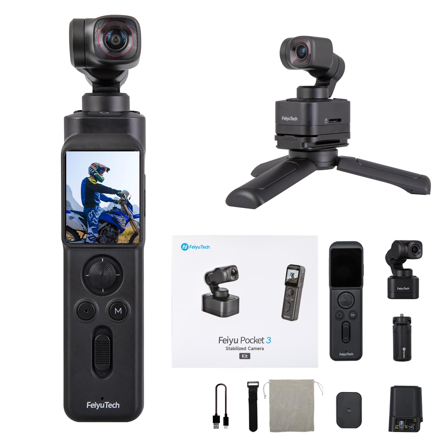 FeiyuTech Pocket 3 kit -Remote Handle&Camera 4K 60FPS Camera with Handheld 3-Axis Stabilizer, Pocket Action Camera, AI Tracking, Detachable Handle, Magnets for YouTube TikTok Video Vlog