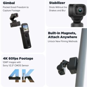 FeiyuTech Pocket 3 kit -Remote Handle&Camera 4K 60FPS Camera with Handheld 3-Axis Stabilizer, Pocket Action Camera, AI Tracking, Detachable Handle, Magnets for YouTube TikTok Video Vlog