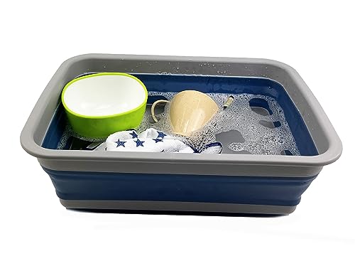 SAMMART 8L (2.1 Gallon) Collapsible Tub - Foldable Dish Tub - Portable Washing Basin - Space Saving Plastic Washtub (Grey/Mist Blue(Dish tub))