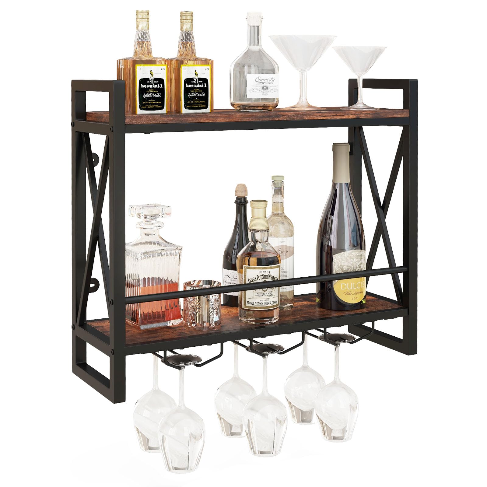 Giantex Industrial Wall Mounted Wine Rack, 2-Tier Metal Hanging Wine Bottle Glass Rack w/ 12-Bottle Holders, Heavy Duty Wall Wine Floating Shelves for Home Bar, Kitchen, Dining Room, Rustic Brown