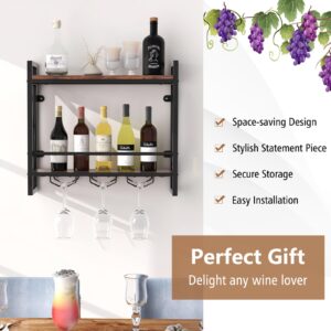 Giantex Industrial Wall Mounted Wine Rack, 2-Tier Metal Hanging Wine Bottle Glass Rack w/ 12-Bottle Holders, Heavy Duty Wall Wine Floating Shelves for Home Bar, Kitchen, Dining Room, Rustic Brown