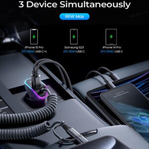 [Apple Safe Certified] USB C Car Charger Adapter LISEN 96W Cigarette Lighter USB Charger Fast Charging for iPhone Car Charger with 2-in-1 PD36W Car Charger for iPhone 15 Pro Max Plus Samsung iPad