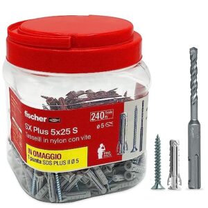 fischer propack sx plus 5 s, 240 x 5 x 25 dowels with screw + sds drill bit 5 mm, reusable jar, for fixing on concrete and masonry 570205, grey