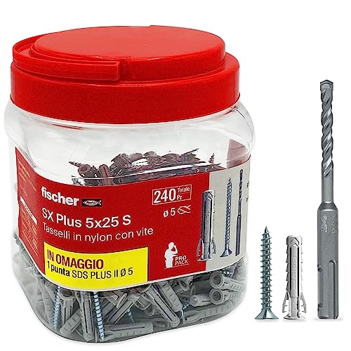 Fischer Propack SX Plus 5 S, 240 x 5 x 25 Dowels with Screw + SDS Drill Bit 5 mm, Reusable Jar, for Fixing on Concrete and Masonry 570205, Grey