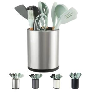 libodour kitchen utensil holder extra large 360° rotating for counter organizer stainless steel storage cooking silverware caddy flatware 3 compartment flatware spoon spatula lazy susan （silvery）