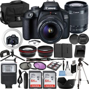 canon eos 4000d/t100 vlogger kit:ef-s 18-55mm is ii lens,64gb memory card,ring light,spider tripod,3 piece filter kit,gadget bag,remote shutter,usb card reader & cleaning kit (renewed)