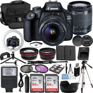 Canon EOS 4000D/T100 Vlogger Kit:EF-S 18-55mm is II Lens,64GB Memory Card,Ring Light,Spider Tripod,3 Piece Filter Kit,Gadget Bag,Remote Shutter,USB Card Reader & Cleaning Kit (Renewed)