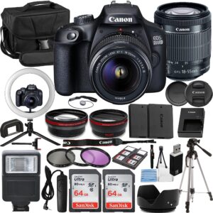 canon eos 2000d/t7 vlogger kit:ef-s 18-55mm is ii lens,64gb memory card,ring light,spider tripod,3 piece filter kit,gadget bag,remote shutter,usb card reader & cleaning kit (renewed)