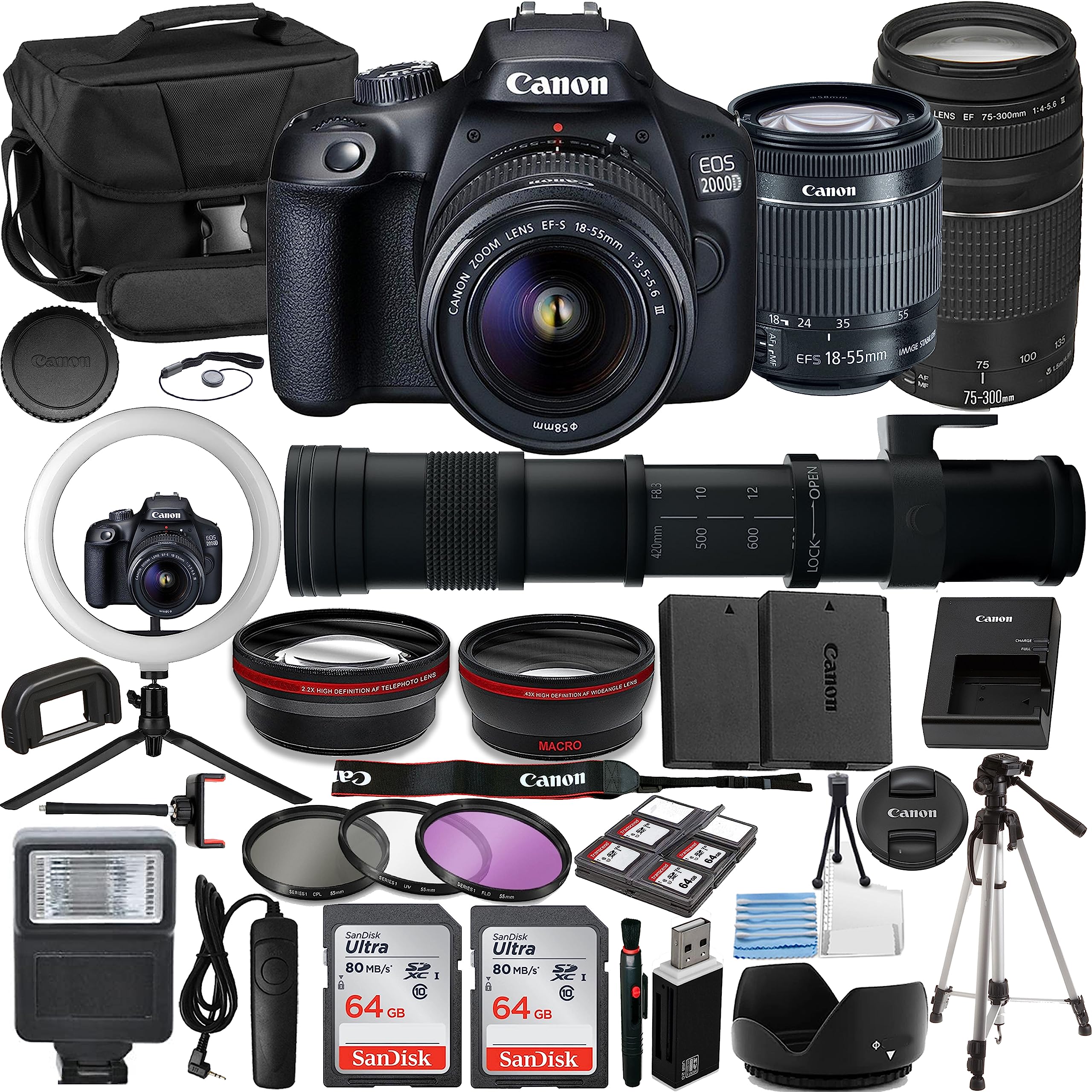 Canon EOS 2000D/T7 Vlogger Kit:EF-S 18-55mm,EF 75-300mm & 420-800mm Lenses,64GB Memory Card,Ring Light,Spider Tripod, Filter Kit,Gadget Bag,Remote Shutter,USB Card Reader (Renewed)