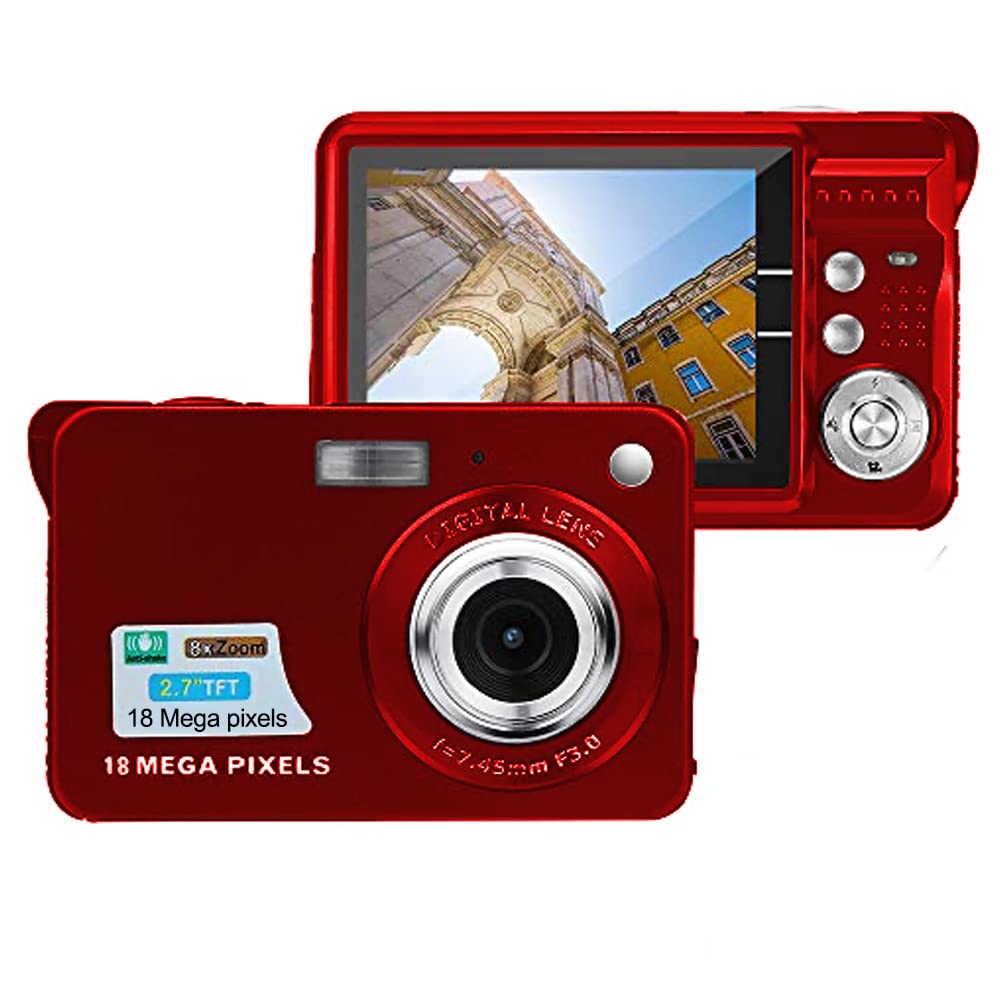 eDealz 18MP Megapixel Digital Camera with 2.7" LCD Screen, Rechargeable Battery, HD Photo and Video for Indoor, Outdoor Photography for Adults, Kids (Red)