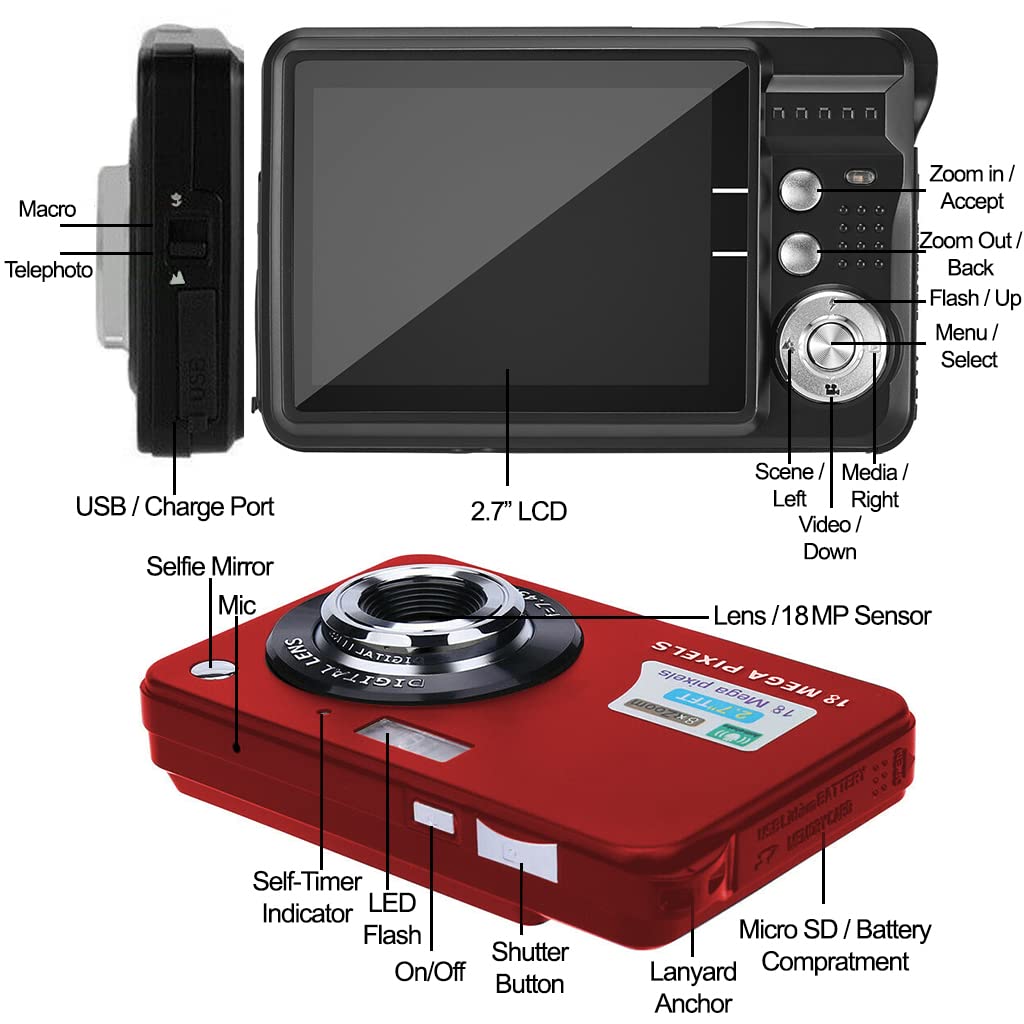 eDealz 18MP Megapixel Digital Camera with 2.7" LCD Screen, Rechargeable Battery, HD Photo and Video for Indoor, Outdoor Photography for Adults, Kids (Red)