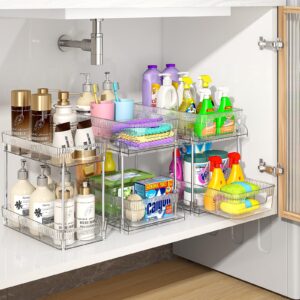 VIVAIVE 2 Tier Bathroom Organizer with Dividers,3 Set Clear Under Sink Organizers Storage Slide Out Bathroom Vanity Counter Storage Container for Kitchen Pantry Cabinet Closet, Medicine Organizer