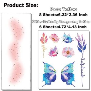 Tazimi Sweet Face Tattoos for Girls Women-8 Sheets Freckle Tattoos -6 Sheets Glitter Butterfly Temporary Tattoos for Halloween Parties Festival Makeup Rave Accessories Face Tattoos Sticker