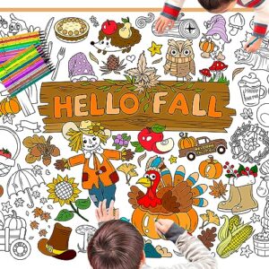 howaf hello fall jumbo coloring poster with 24 (12 colors) coloring pens,autumn giant coloring banner,fall pumpkin maple leaves coloring table cover banner for birthday thanksgiving party school group