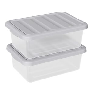buyitt 14 quart plastic clear storage bin, stackable latching box with grey lid, 2 packs