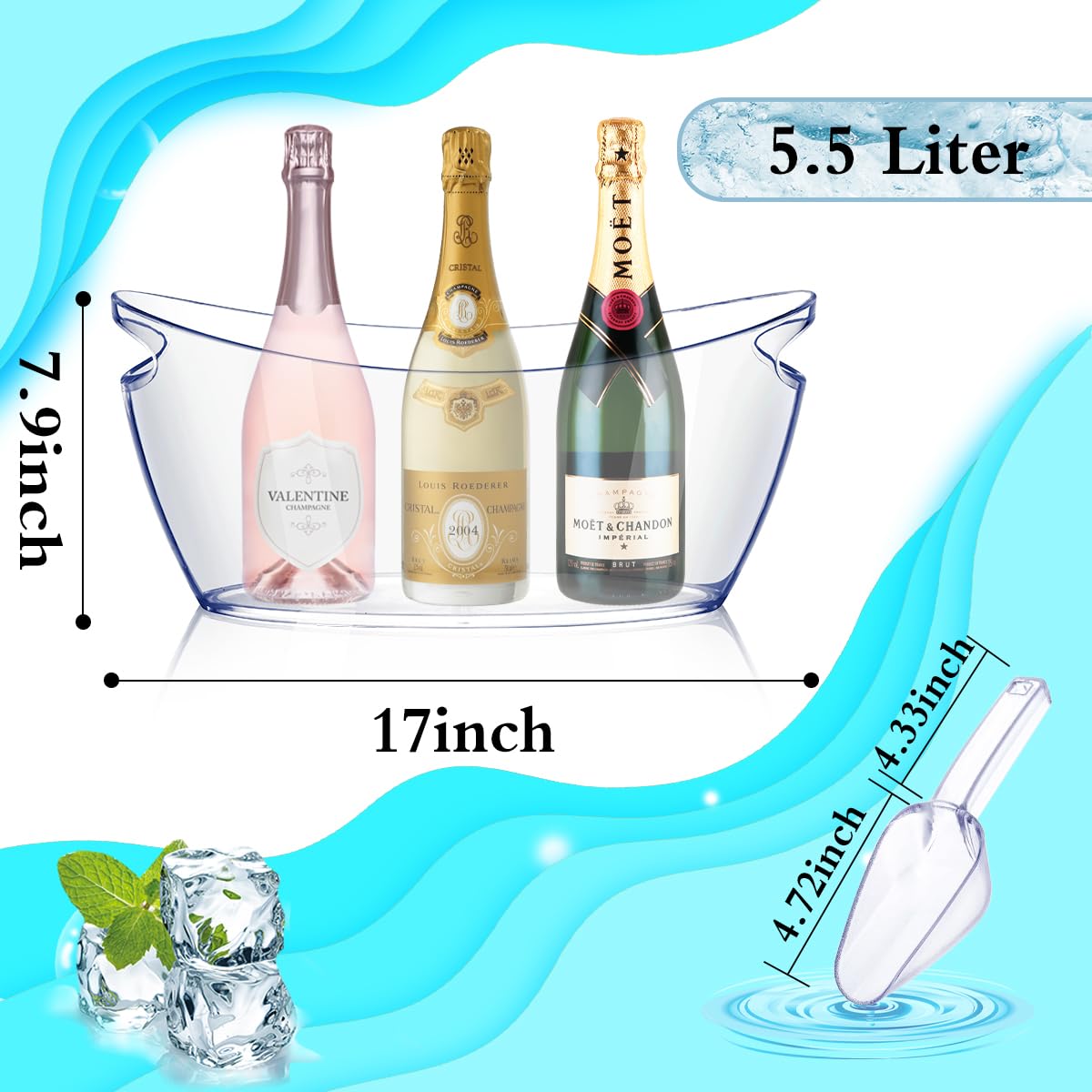 Ice Bucket for Parties 5.5 Liter Large Clear Champagne Beer Tub Mimosa Bar Supplies Kit Acrylic Plastic Wine Beverage Bucket with Scoop for Cocktail Bar