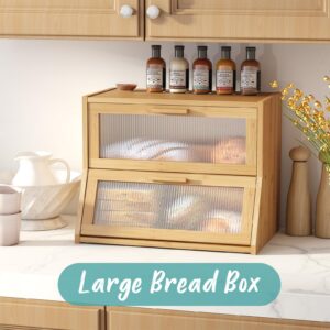 Vriccc Bread Box for Kitchen Counter, Large Bamboo Wooden Double Layer Large Capacity Bread Storage Bin with Acrylic Wavy Door Panel (Natural)