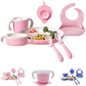mutualproducts - baby feeding set 7-piece | baby led weaning utensils set includes suction bowl and plate, baby spoon and fork, sippy cup | baby feeding supplies set (pink-white)
